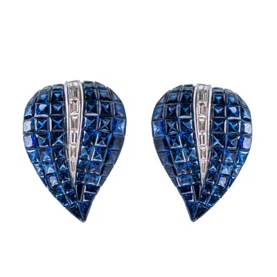 Pre-owned Sabbadini Pair Of 18 Karat White Gold, Sapphire And Diamond Ear Clips