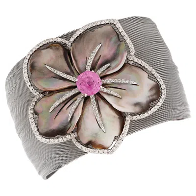 Pre-owned Sabbadini Pink Sapphire Diamond & Mother Of Pearl Mesh Bracelet