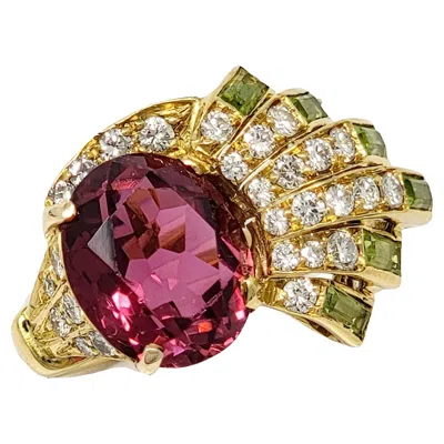 Pre-owned Sabbadini Pink Tourmaline, Diamond And Peridot Spray Ring 18 Karat Yellow Gold