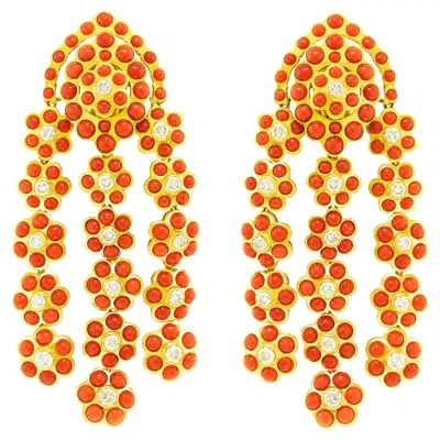 Pre-owned Sabbadini Spectacula  Diamond And Coral Chandelier Earrings In Red