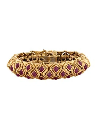 Pre-owned Sabbadini Vintage 18k Fracture-filled Ruby Flexible Bangle Bracelet, 6.75" In Multicolor