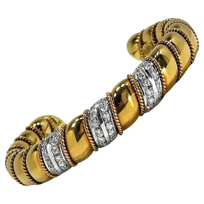 Pre-owned Sabbadini Vintage  18k Yellow And White Gold Bangle Bracelet With Diamonds