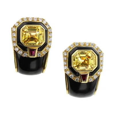 Pre-owned Sabbadini Yellow Sapphire, Black Onyx And Diamond Yellow Gold Earrings