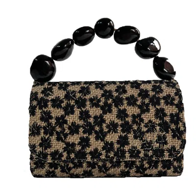 Sabbai Bags Women's Nica Rattan Clutch Bag In Tan With Black Flowers In Beige