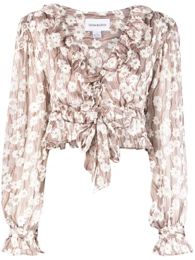 Sabina Musayev Floral-print Cropped Blouse In Brown