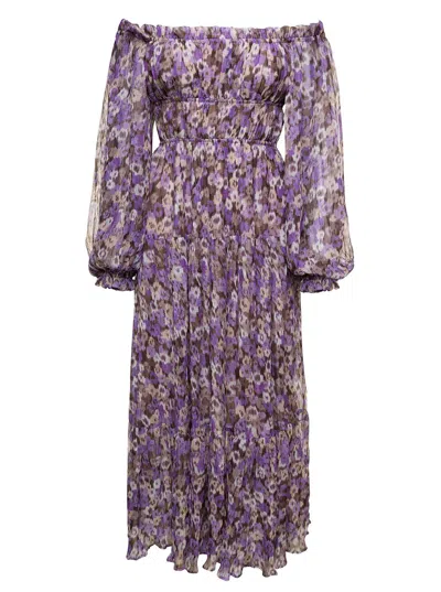 SABINA MUSAYEV 'MARY' PURPLE OFF-THE-SHOULDERS LONG DRESS WITH FLOREAL PRINT WOMAN