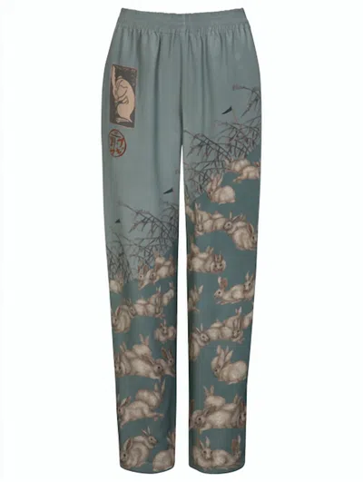 Sabina Savage The Floating Rabbits Silk Marocain Lounge Trousers In Cameo/rice In Green