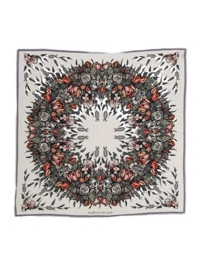 Pre-owned Sabina Savage Wool Floral Print Shawl In White