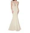 Saboroma Floral Applique Illusion Plunging Mermaid Gown In Beige
