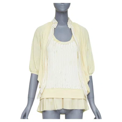 Pre-owned Sacai 2007 Yellow Cotton White Sequin Trim Cardigan Sweater Vest Twin Set Jp2 M
