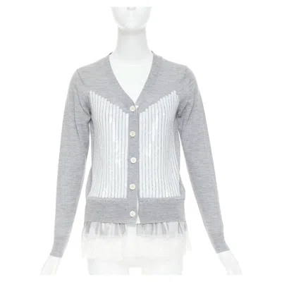 Pre-owned Sacai 2012 Grey Wool White Sequin Lace Ruffle Scallop Hem Cardigan Jp1 S