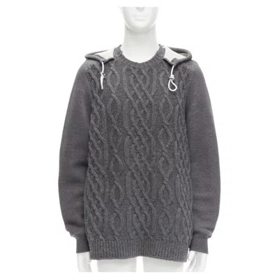 Pre-owned Sacai 2015 Grey 100% Wool Cable Knit Contrast Hood Sweater Jp3 L In Gray