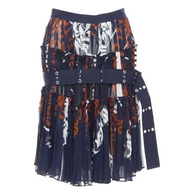 Pre-owned Sacai 2016 Navy Orange White Printed Pleated Cotton Eyelet Belt Skirt Jp1 S