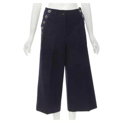 Pre-owned Sacai 2016 Navy Wool Gold Grommet Stud Trim Wide Leg Culotte Pants Jp2 M In Blue