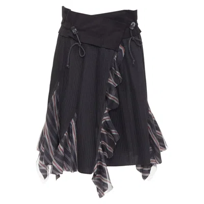 Pre-owned Sacai 2017 Black Plisse Cowhide Trim Striped Flare Wrap Knee Skirt Jp1 S