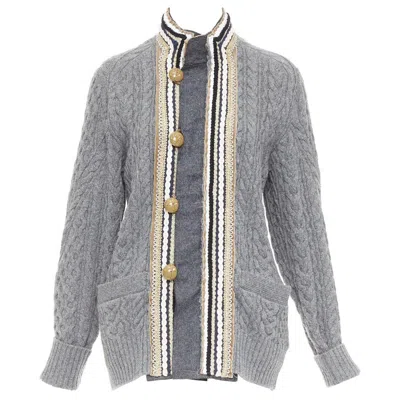Pre-owned Sacai 2017 Grey Wool Metallic Military Baroque Trim Cable Knit Cardigan Jp1 S In Gray