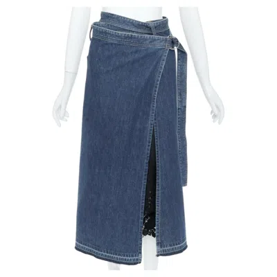 Pre-owned Sacai 2017 Runway Asymmetry Layered Black Lace Blue Denim Wrap Skirt Jp1 S