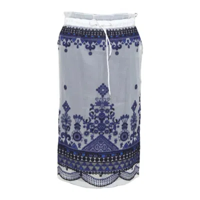 Pre-owned Sacai 2017 White Navy Blue Sheer Ethnic Embroidery Paperbag Midi Skirt Jp1 S