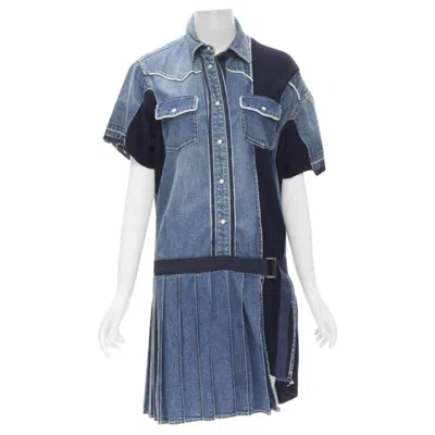 Pre-owned Sacai 2018 Washed Denim Knit Insert Belted Skirt Dress Jp3 L In Gray