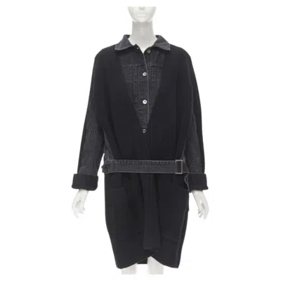 Pre-owned Sacai 2020 Black Reconstructed Washed Denim Ribbed Cardigan Coat Jp3 L