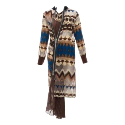 Pre-owned Sacai 2020 Brown Blue Ethnic Sheer Devore Zip Pleat Midi Dress Jp1 S