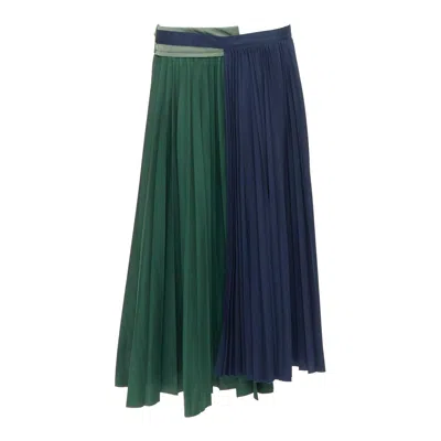 Pre-owned Sacai 2020 Green Navy Nylon Trim Deconstructed Pleated Skirt Jp3 L