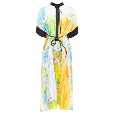 Pre-owned Sacai 2020 Yellow Blue White Map Print Black Trim Belt Midi Dress Jp2 M