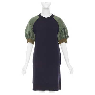 Pre-owned Sacai 2022 Navy Green Sponge Sweat Ma-1 Bomber Sleeve Sweater Dress Jp3 L