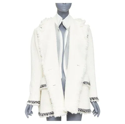 Pre-owned Sacai 2023 Runway Double Breasted Tweed Fringed Off White Winter Outerwear Jp1 S