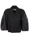 Sacai Puff Nylon-sleeve Cropped Wool Pea Coat In Black  