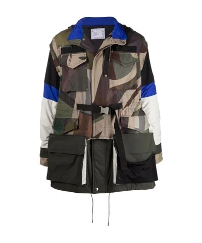 Sacai Abstract-print Colour-block Parka In Black