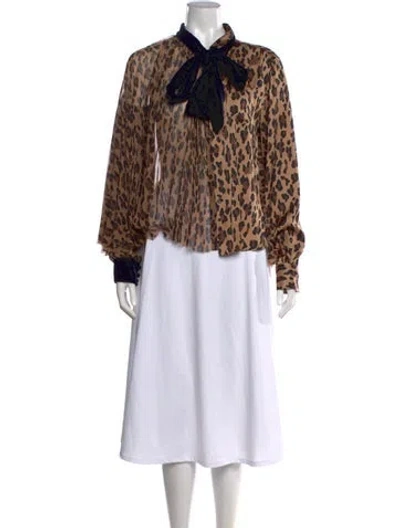 Pre-owned Sacai Animal Print Tie Neck Blouse In Brown