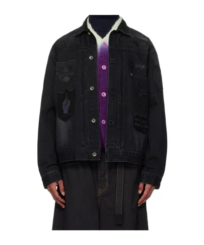 Sacai Appliqué-logo Denim Jacket In Black