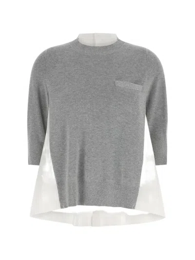 Sacai Asymmetric Crew-neck Sweater In Gray