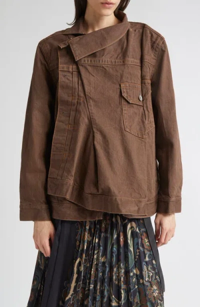 Sacai Asymmetric Denim Jacket In Brown