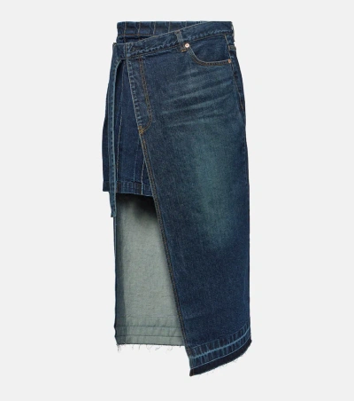 Sacai Overlapping Raw-cut Hem Denim Midi Skirt In Blue