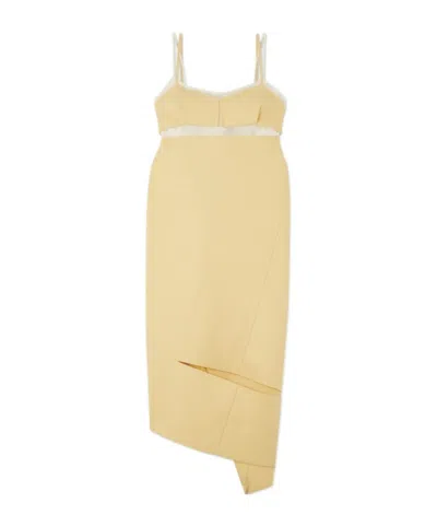Sacai Asymmetric Paneled Wool-crepe And Chiffon Midi Dress In Neutral