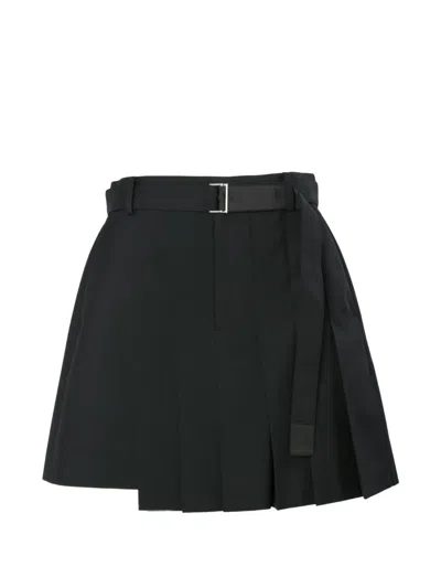 Sacai Wool Blend Pleated Shorts Belted Waist Pockets In Black