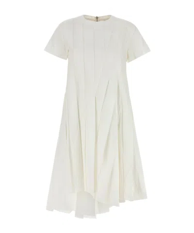 Sacai Poplin Dress With Asymmetric Hem And Pleated Design In White