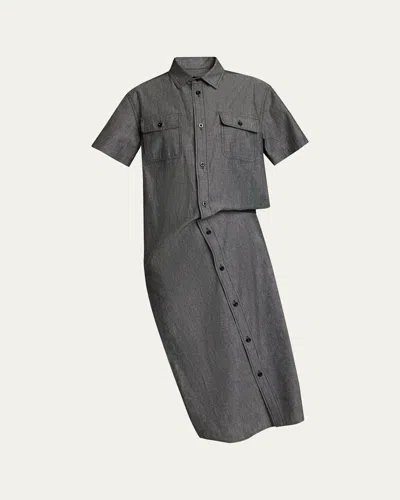 Sacai Asymmetric Short-sleeve Denim Midi Shirtdress In Gray