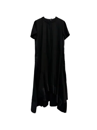Sacai Cotton Dress Pleated Hem Asymmetric Cut In Black
