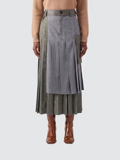 Sacai Asymmetrical Midi Skirt In Wool Blend With Pleats And Cargo Pockets In Gray