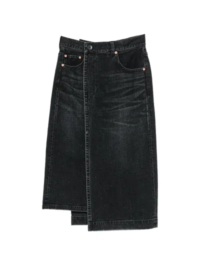 Sacai Asymmetric-hem Denim Midi Skirt In Black