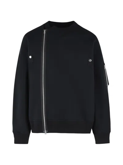 Sacai Zippered Sweatshirt With Ribbed Cuffs And Pockets In Black