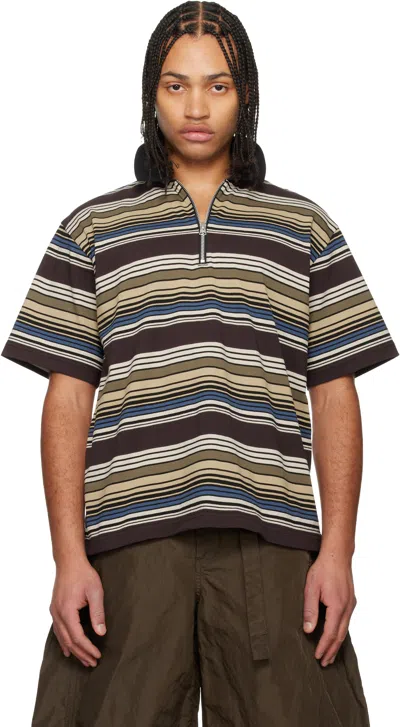 Sacai Striped Cotton-jersey Half-zip Polo Shirt In Brown