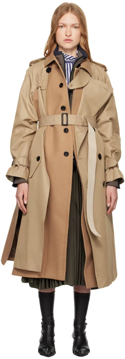 Sacai Beige Cotton & Wool Trench Coat In 651 Beige