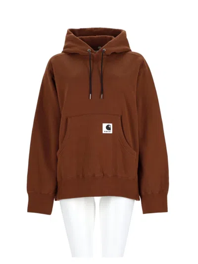 Sacai Beige Relaxed Drawstring Cotton Hoodie In Brown