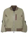 Sacai Beige Twill Jacket With Leather Accents And Zip Closure In Brown
