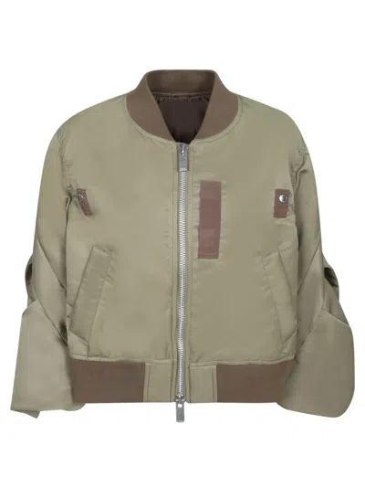 Sacai Beige Twill Jacket With Leather Accents And Zip Closure In Brown