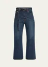 Sacai Belted Bootcut Denim Capri Pants In Blue